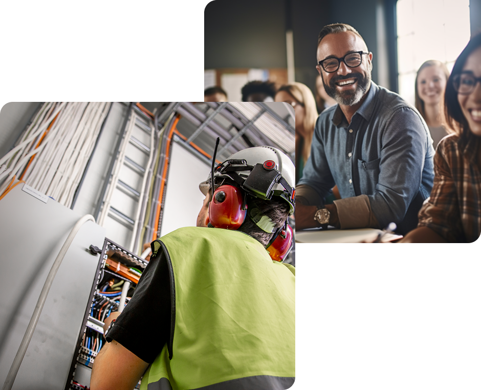 Collage showing hands working on electrical wiring and an engaged group of smiling course participants-1