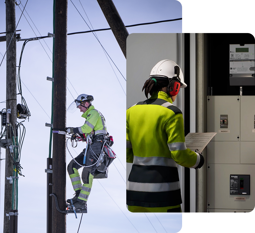 Collage showing an work on an electric facility  