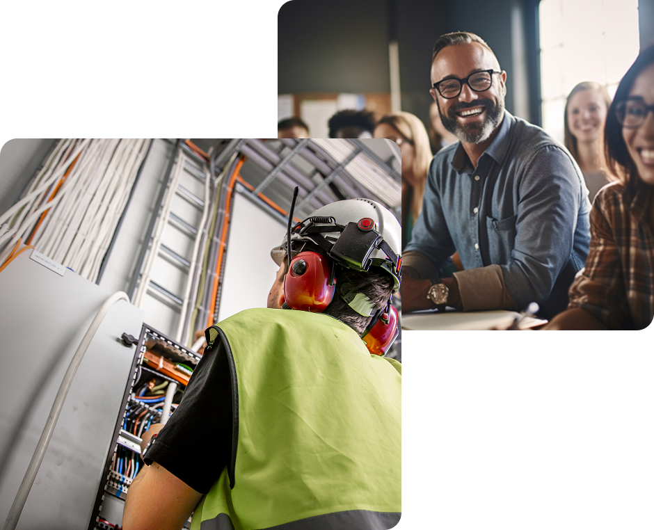 Collage showing hands working on electrical wiring and an engaged group of smiling course participants-1
