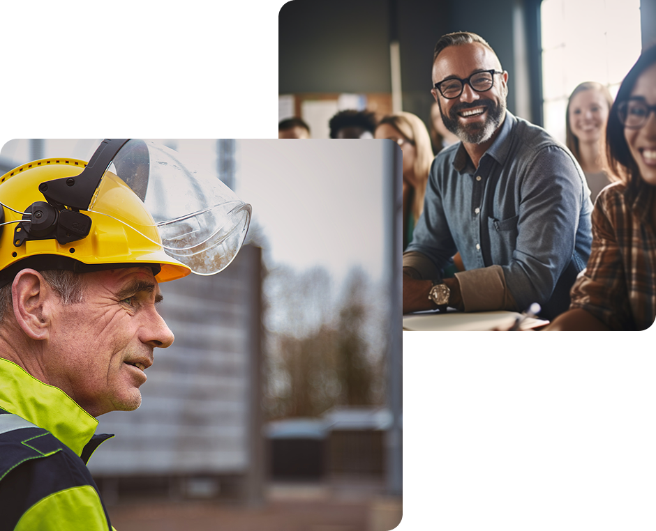 Collage showing hands working on electrical wiring and an engaged group of smiling course participants-2