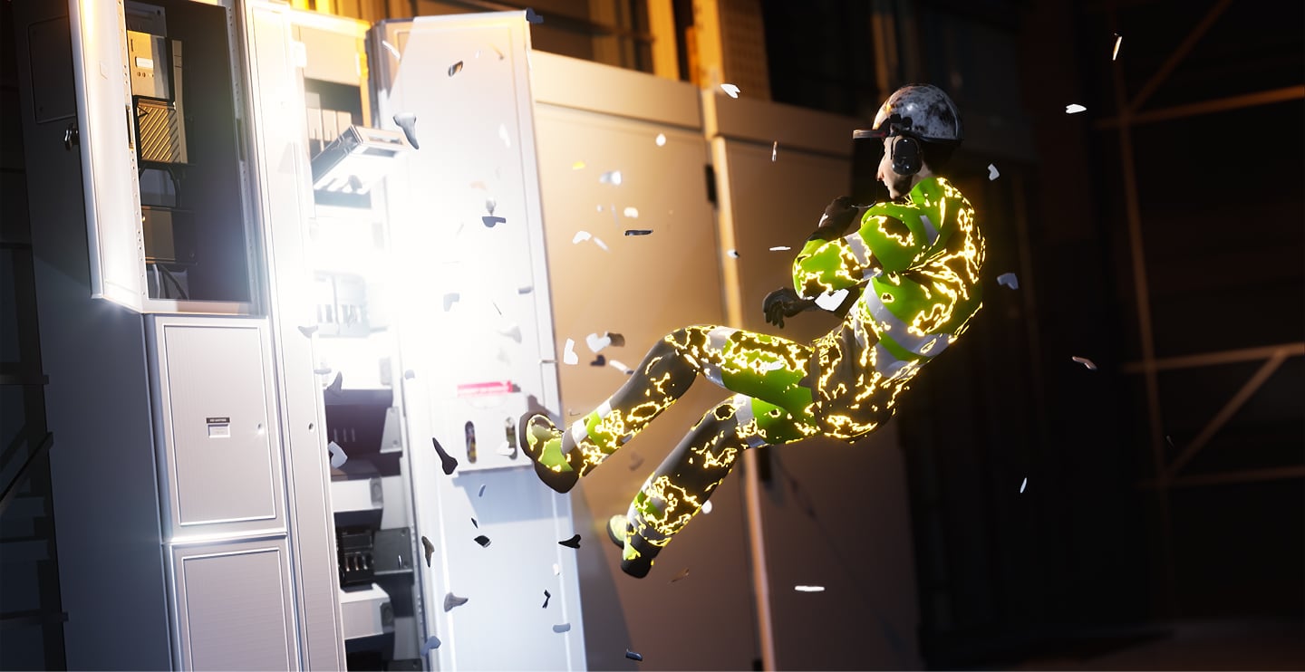 3D animation of a worker being electrocuted by an electrical cabinet.